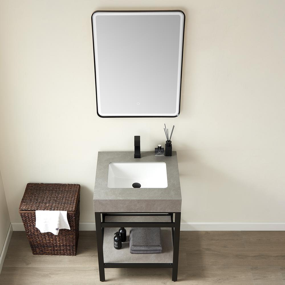 Single Sink Bath Vanity Metal Support with Grey Sintered Stone Top and Mirror