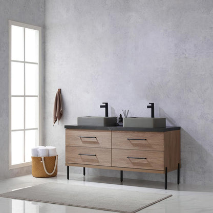 Double Sink Bath Vanity with Black Sintered Stone Top with Concrete Sink