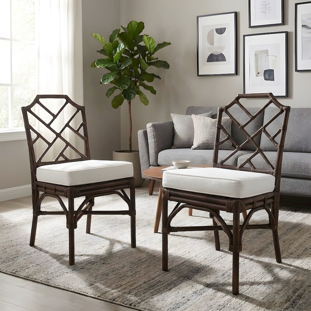 Fabric-Upholstered Rattan Chippendale Dining Chairs, Paloma Brown, Set of 2