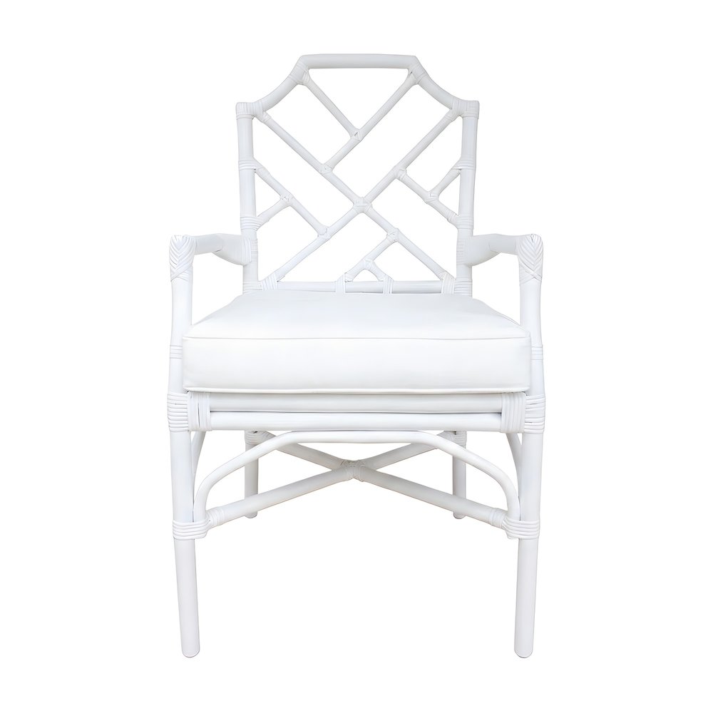 Fabric Upholstered Rattan Armchair with Chinese Chippendale Shield Back, White