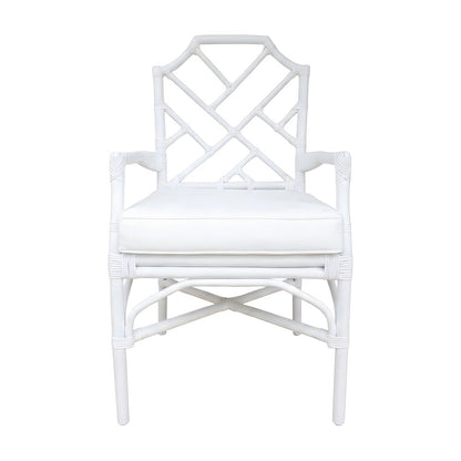 Fabric Upholstered Rattan Armchair with Chinese Chippendale Shield Back, White