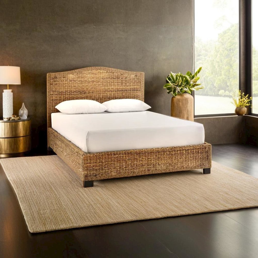 Charming Queen Bed Frame with Arched Headboard and Natural Brown Finish