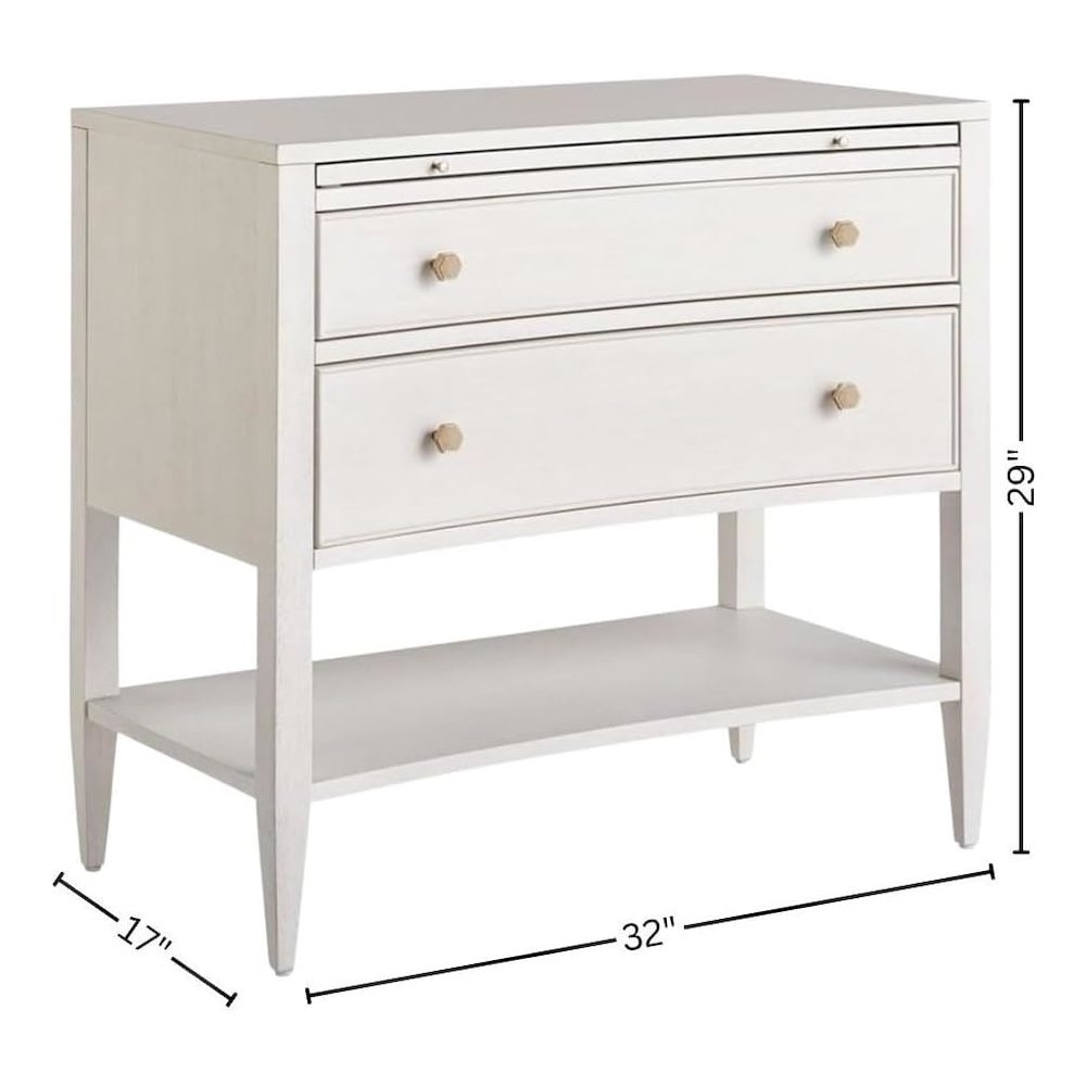 Elegant White Nightstand with Two Drawers and Pull-Out Shelf Design