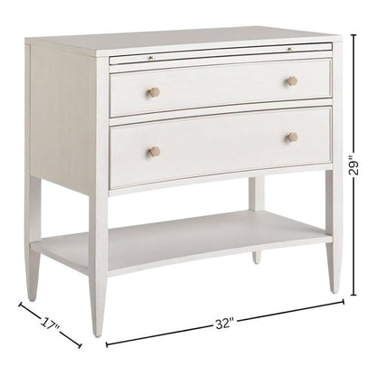 Elegant White Nightstand with Two Drawers and Pull-Out Shelf Design
