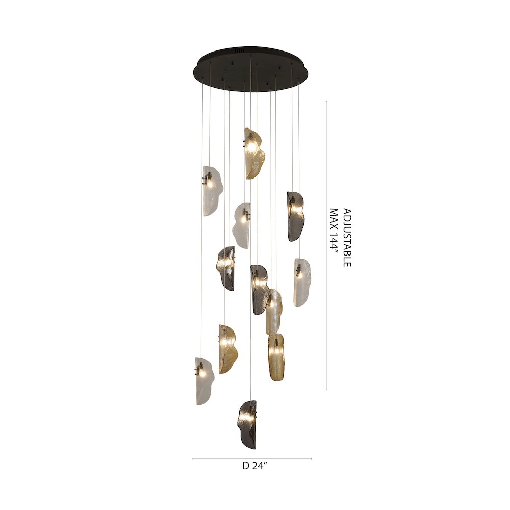 12-Light Black Chandelier With Clear, Smoke, And Amber Glass Accents