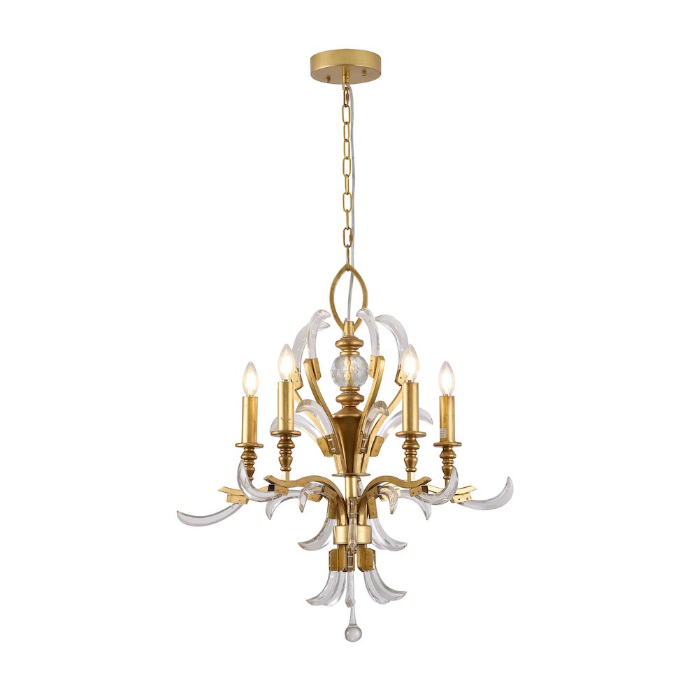 5-Light Gold Metal Leaf Chandelier With Clear Crystals