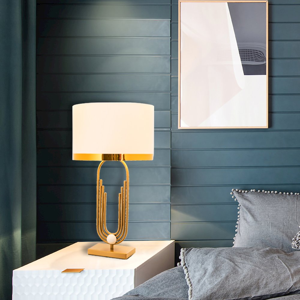 1-Light Gold Iron Table Lamp With A White Drum Shade