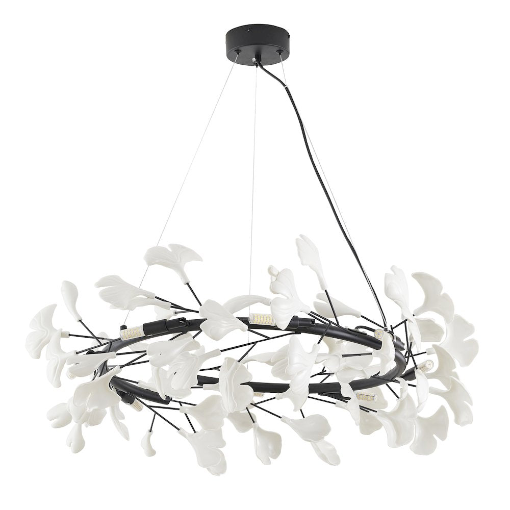 8-Light Black Chandelier With Matte White Plastic Leaf Petals in a round shape