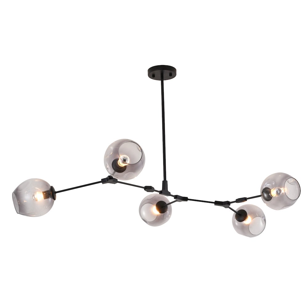 5-Light Black Metal Chandelier With Smoke Glass Shades