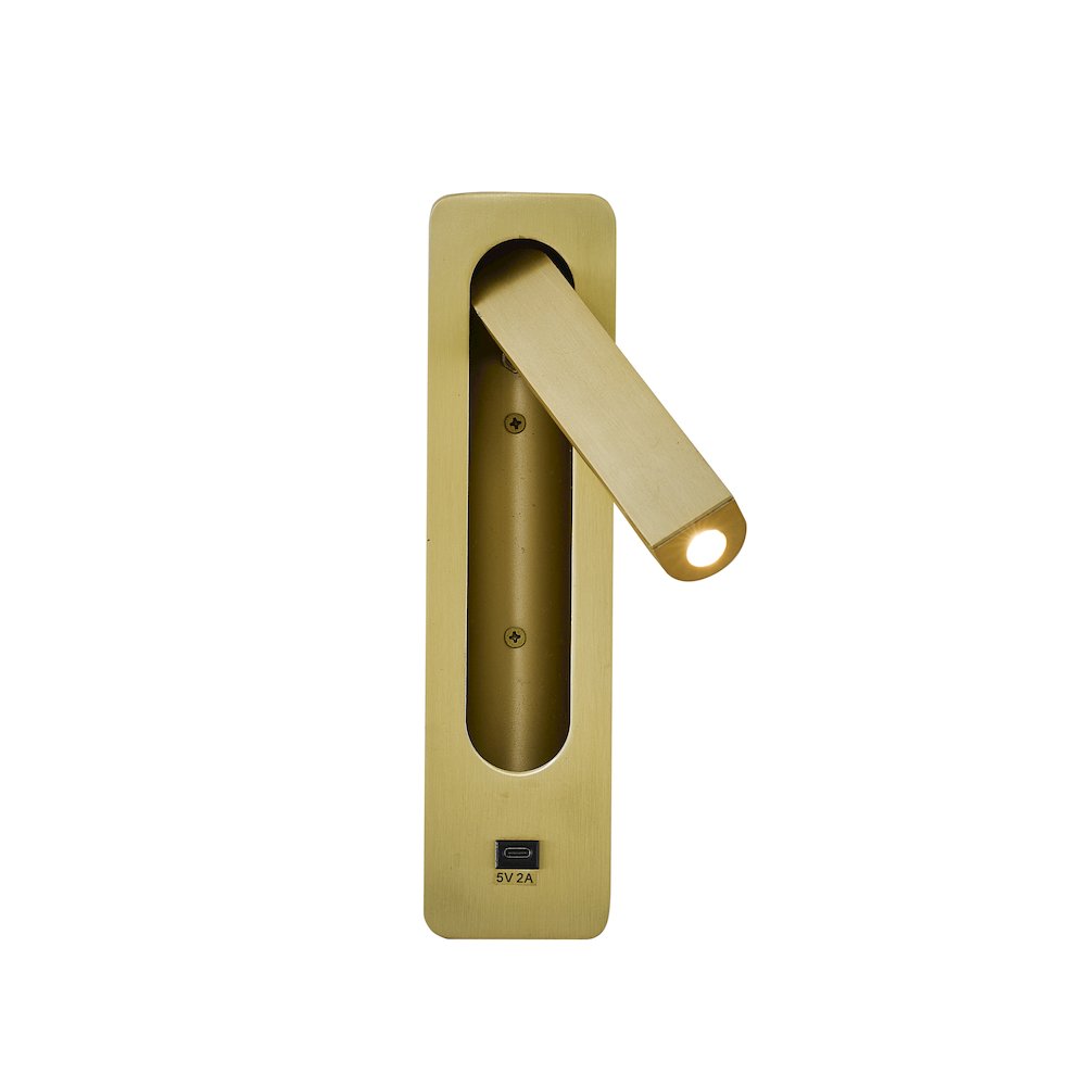 1-Light Satin Brass Metal LED Wall Sconce, One USB Port And A Clear Frosted Len