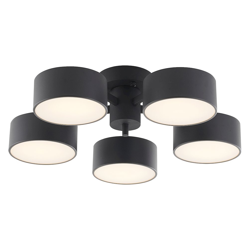5-Light Black LED Semi Flush Mount With Black Shades And White Frosted Diffusers