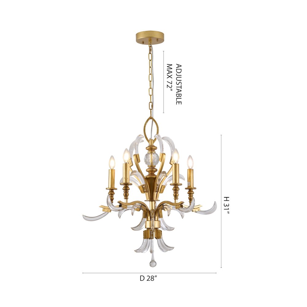 5-Light Gold Metal Leaf Chandelier With Clear Crystals