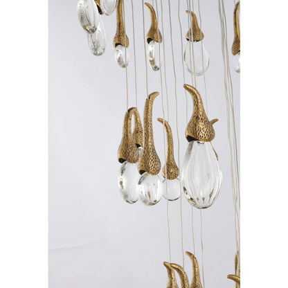 60-Light Antique Brass Metal LED Chandelier With Hanging Crystals