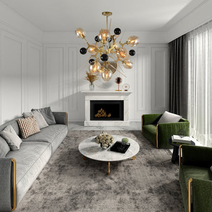 10-Light Gold Aluminum Chandelier With Amber Glass Shades And Glass Ornaments