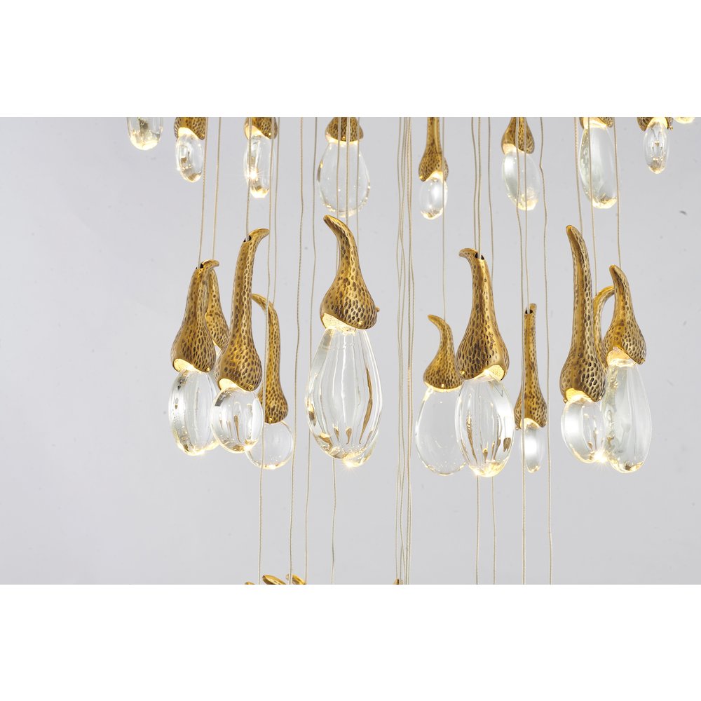 60-Light Antique Brass Metal LED Chandelier With Hanging Crystals