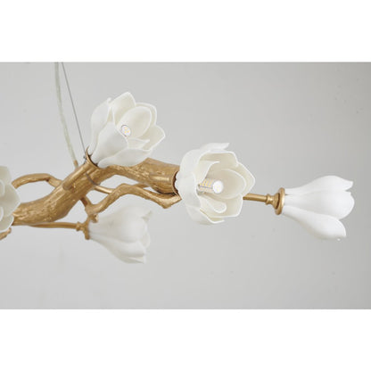 14-Light Gold Copper Branch Chandelier With White Ceramic Flower Shades