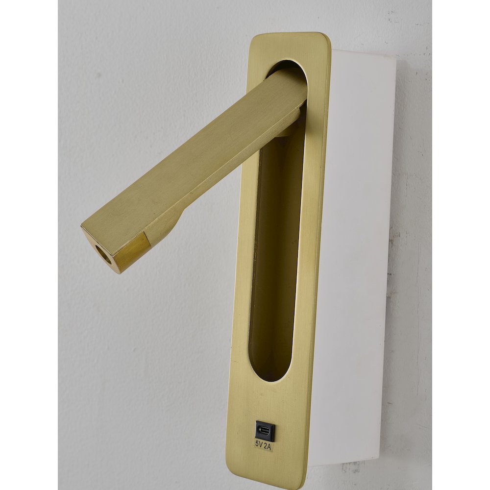 1-Light Satin Brass Metal LED Wall Sconce, One USB Port And A Clear Frosted Len