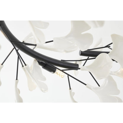 8-Light Black Chandelier With Matte White Plastic Leaf Petals in a round shape