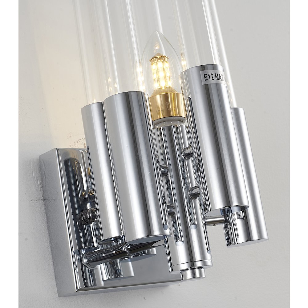 1-Light Shiny Nickel Metal Wall Sconce With Clear Glass Rods