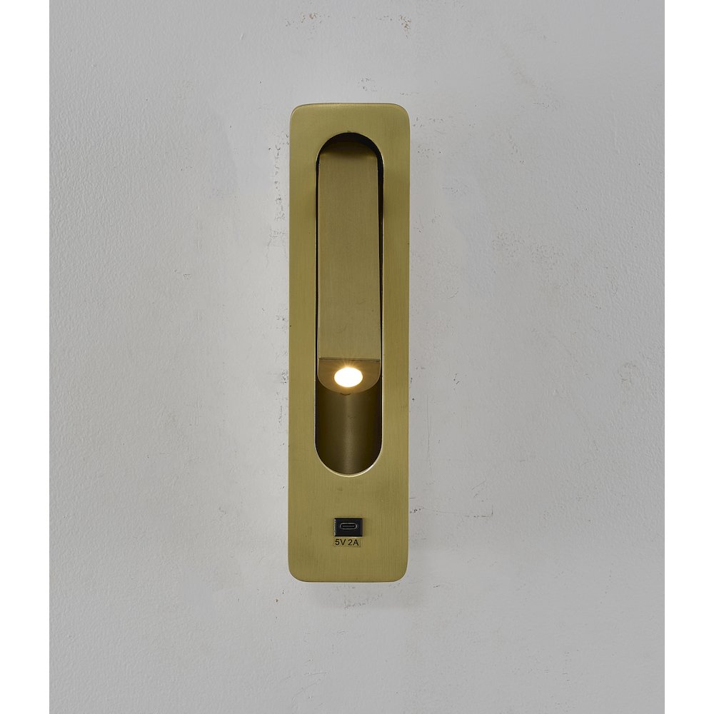 1-Light Satin Brass Metal LED Wall Sconce, One USB Port And A Clear Frosted Len