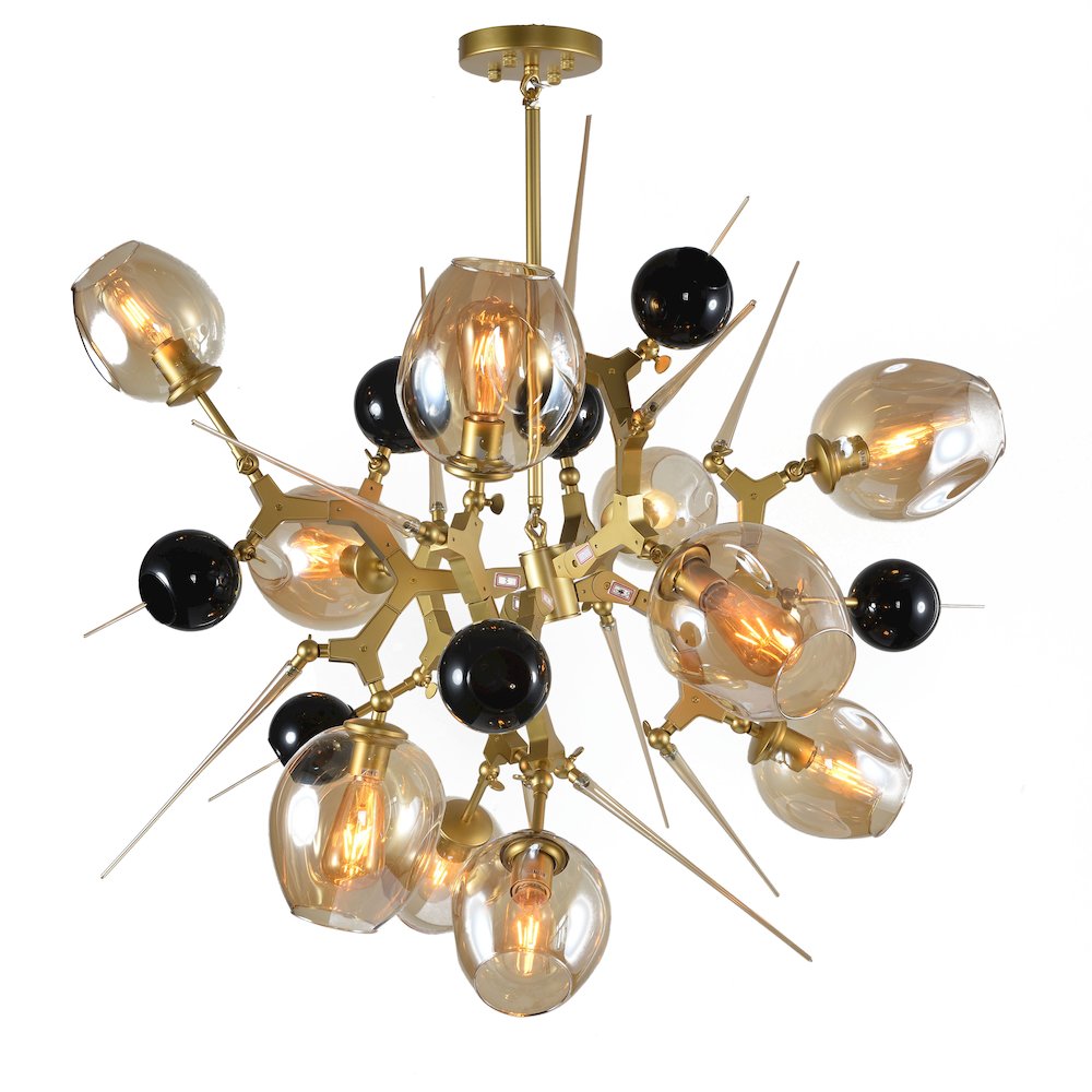 10-Light Gold Aluminum Chandelier With Amber Glass Shades And Glass Ornaments