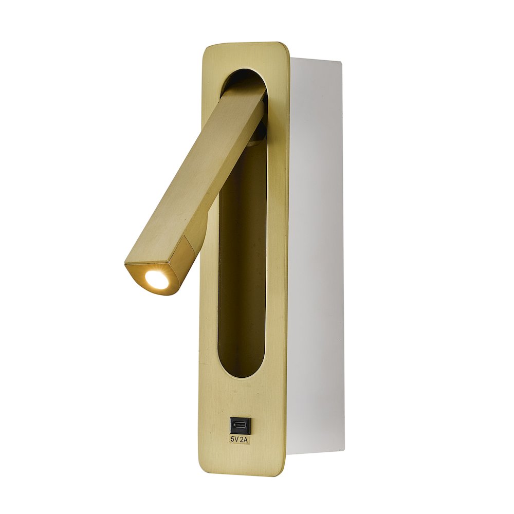 1-Light Satin Brass Metal LED Wall Sconce, One USB Port And A Clear Frosted Len
