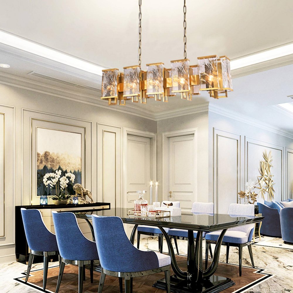12-Light Brass Metal Chandelier With Clear Crystal Plaques