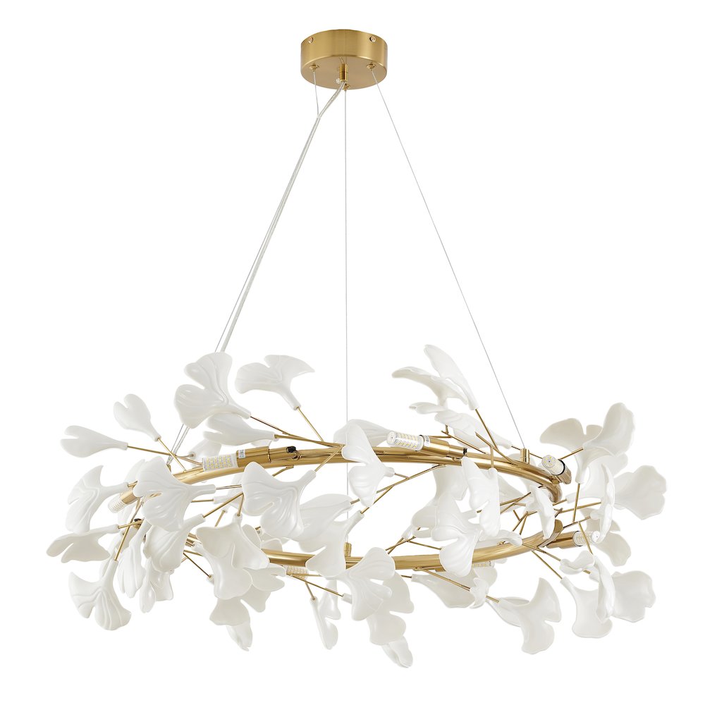 8-Light Brass Chandelier With Matte White Plastic Leaf Petals In A Round Shape
