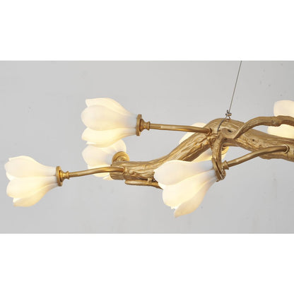 14-Light Gold Copper Branch Chandelier With White Ceramic Flower Shades