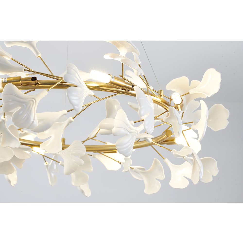8-Light Brass Chandelier With Matte White Plastic Leaf Petals In A Round Shape
