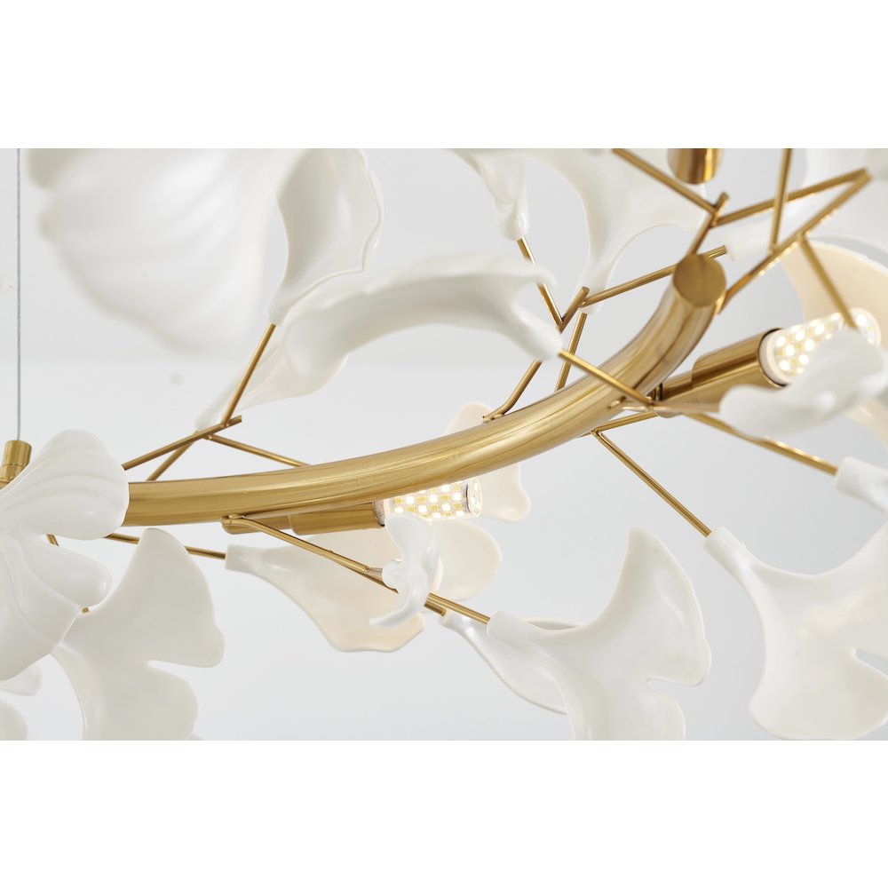 8-Light Brass Chandelier With Matte White Plastic Leaf Petals In A Round Shape