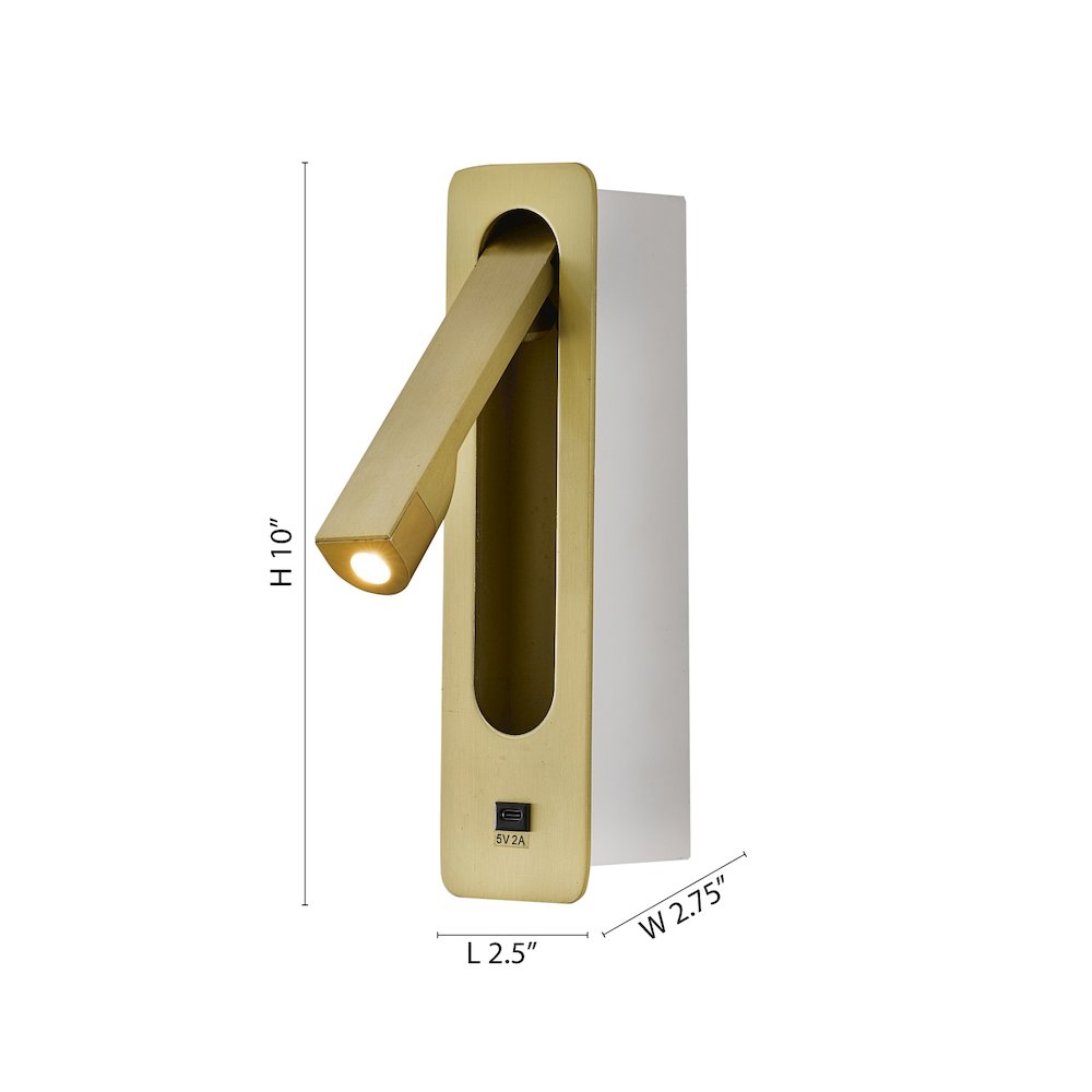 1-Light Satin Brass Metal LED Wall Sconce, One USB Port And A Clear Frosted Len