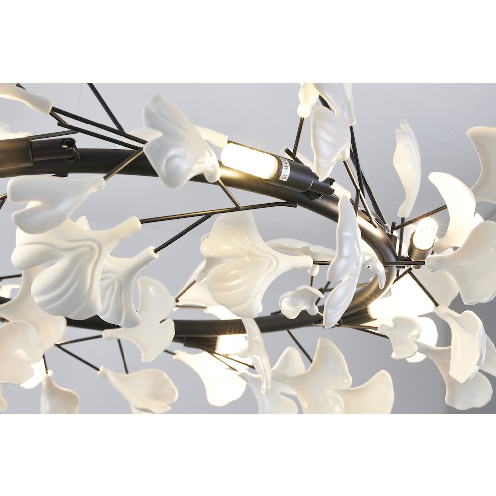 8-Light Black Chandelier With Matte White Plastic Leaf Petals in a round shape