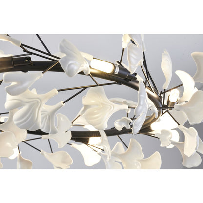8-Light Black Chandelier With Matte White Plastic Leaf Petals in a round shape