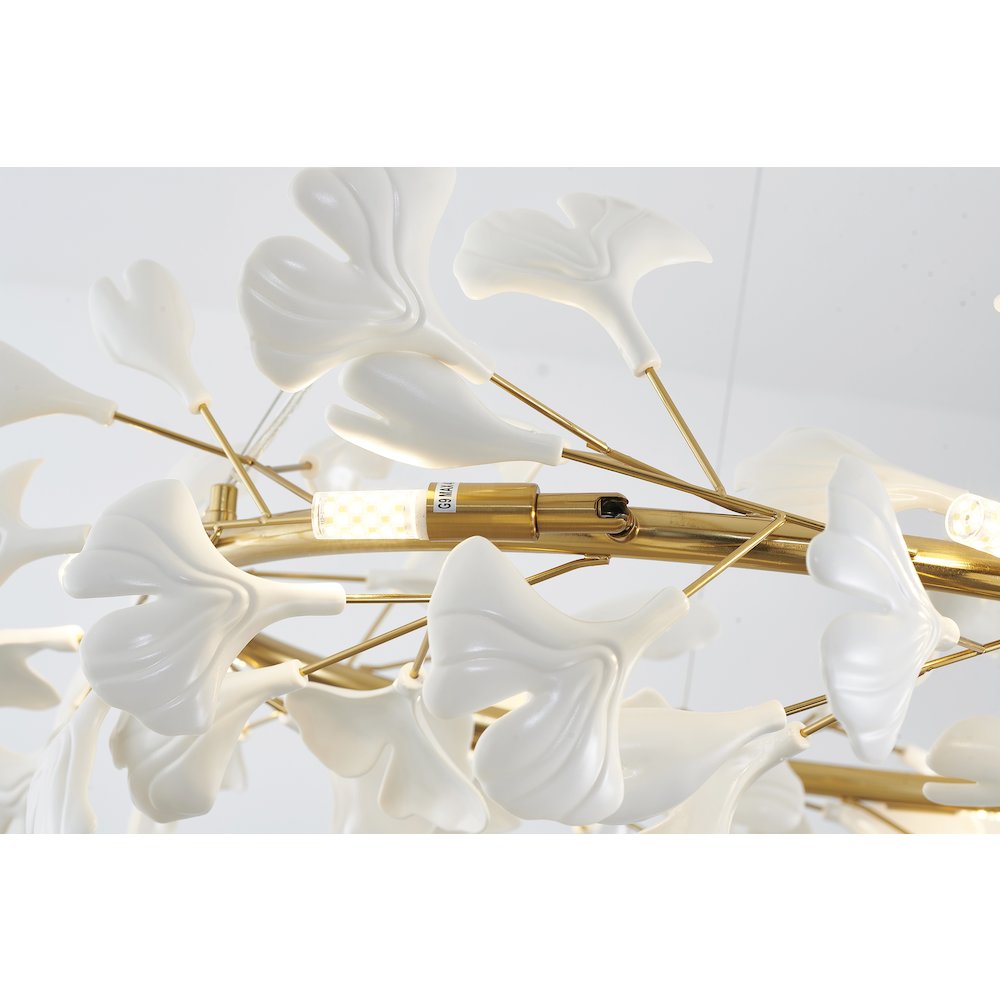 8-Light Brass Chandelier With Matte White Plastic Leaf Petals In A Round Shape