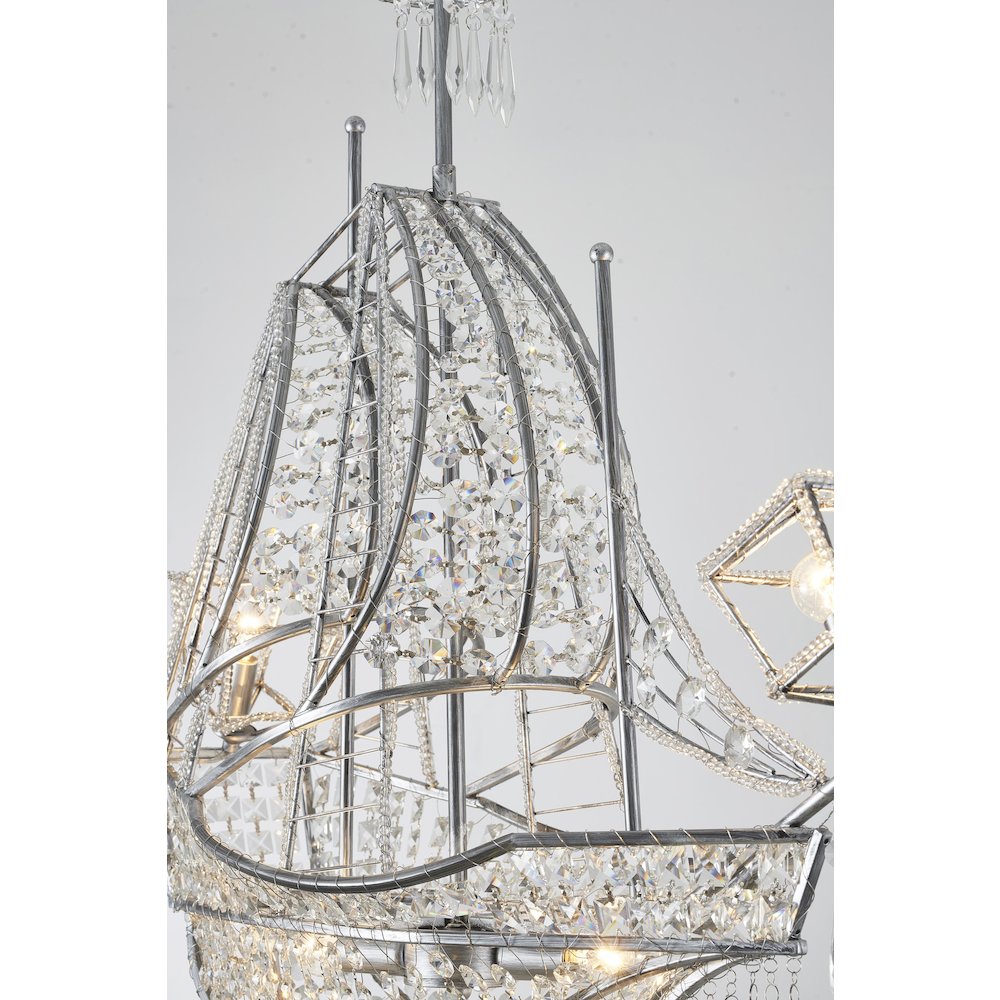 4-Light Antique Silver Iron Chandelier With Clear Crystals