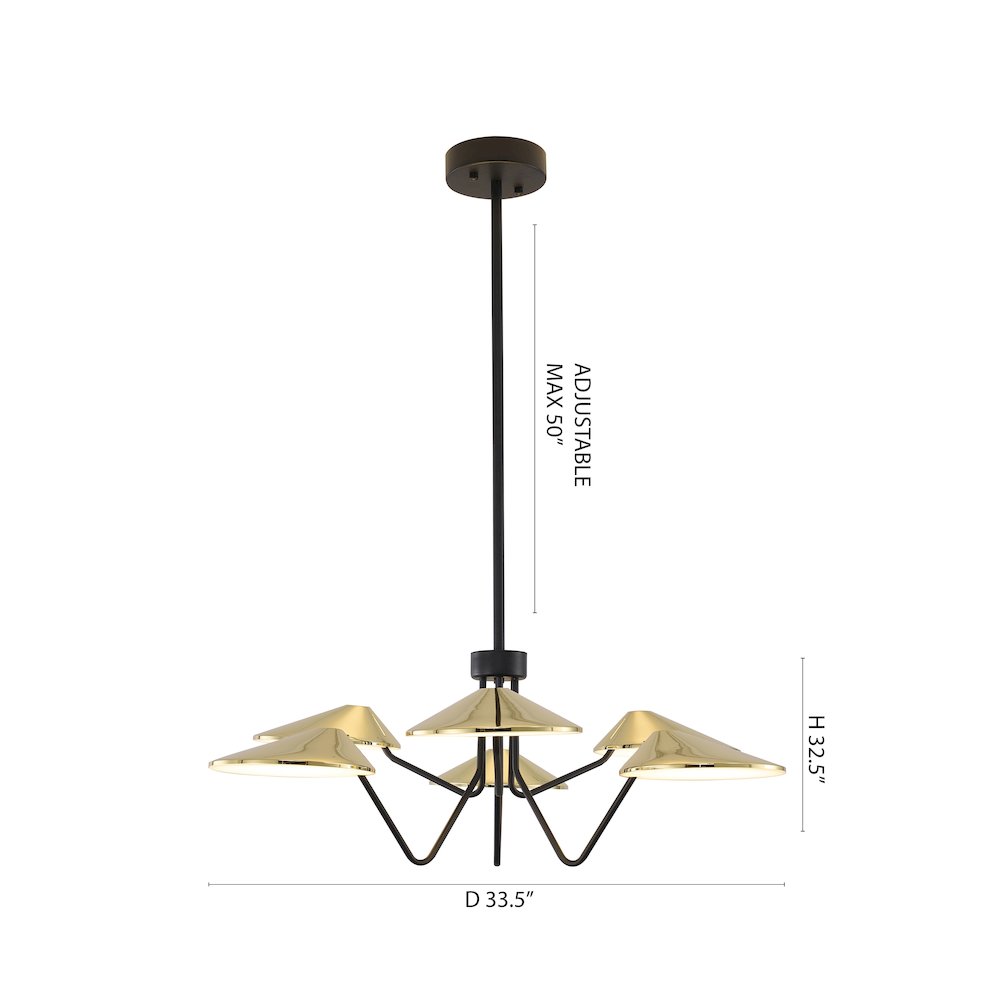 6-Light Black And Shiny Brass Iron LED Chandelier With White Acrylic Shades