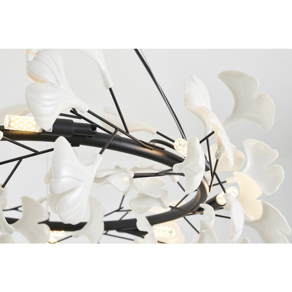 8-Light Black Chandelier With Matte White Plastic Leaf Petals in a round shape