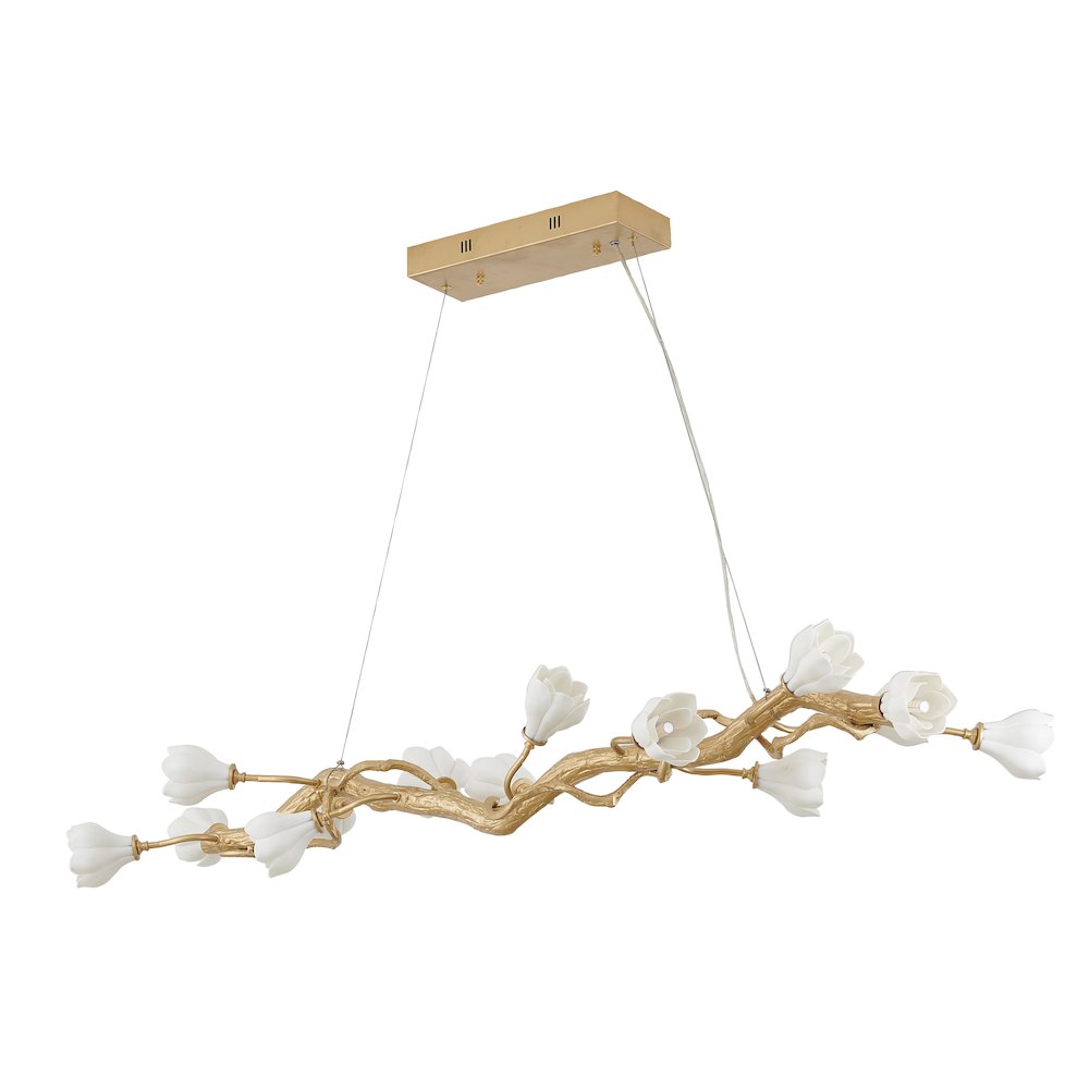 14-Light Gold Copper Branch Chandelier With White Ceramic Flower Shades