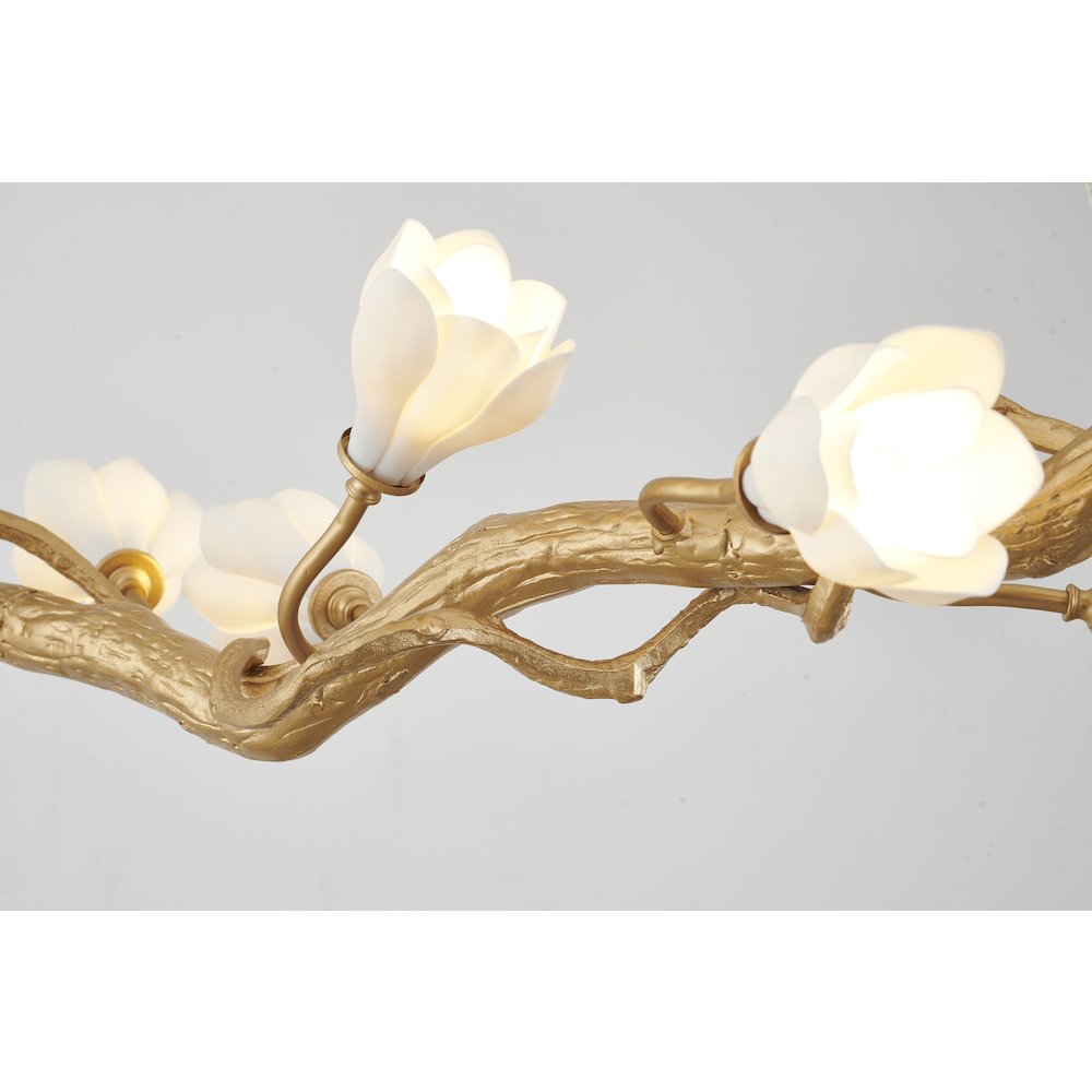 14-Light Gold Copper Branch Chandelier With White Ceramic Flower Shades