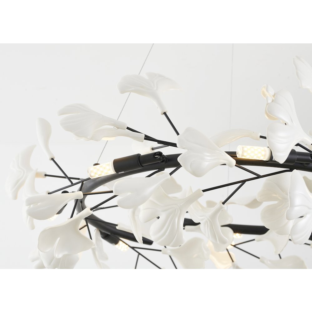 8-Light Black Chandelier With Matte White Plastic Leaf Petals in a round shape