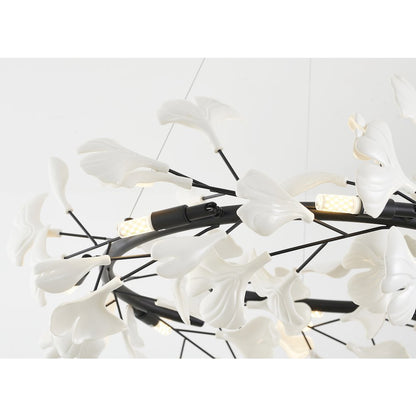 8-Light Black Chandelier With Matte White Plastic Leaf Petals in a round shape