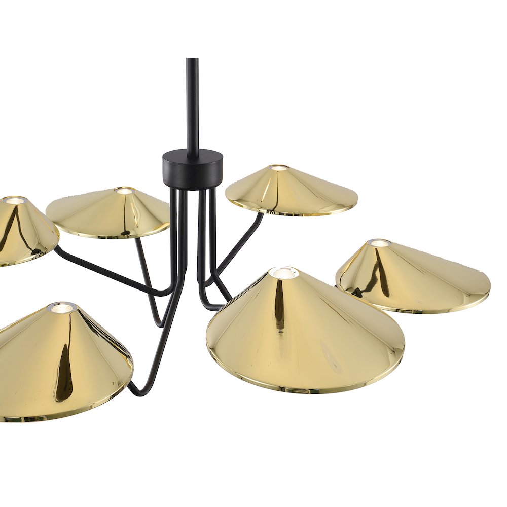 6-Light Black And Shiny Brass Iron LED Chandelier With White Acrylic Shades