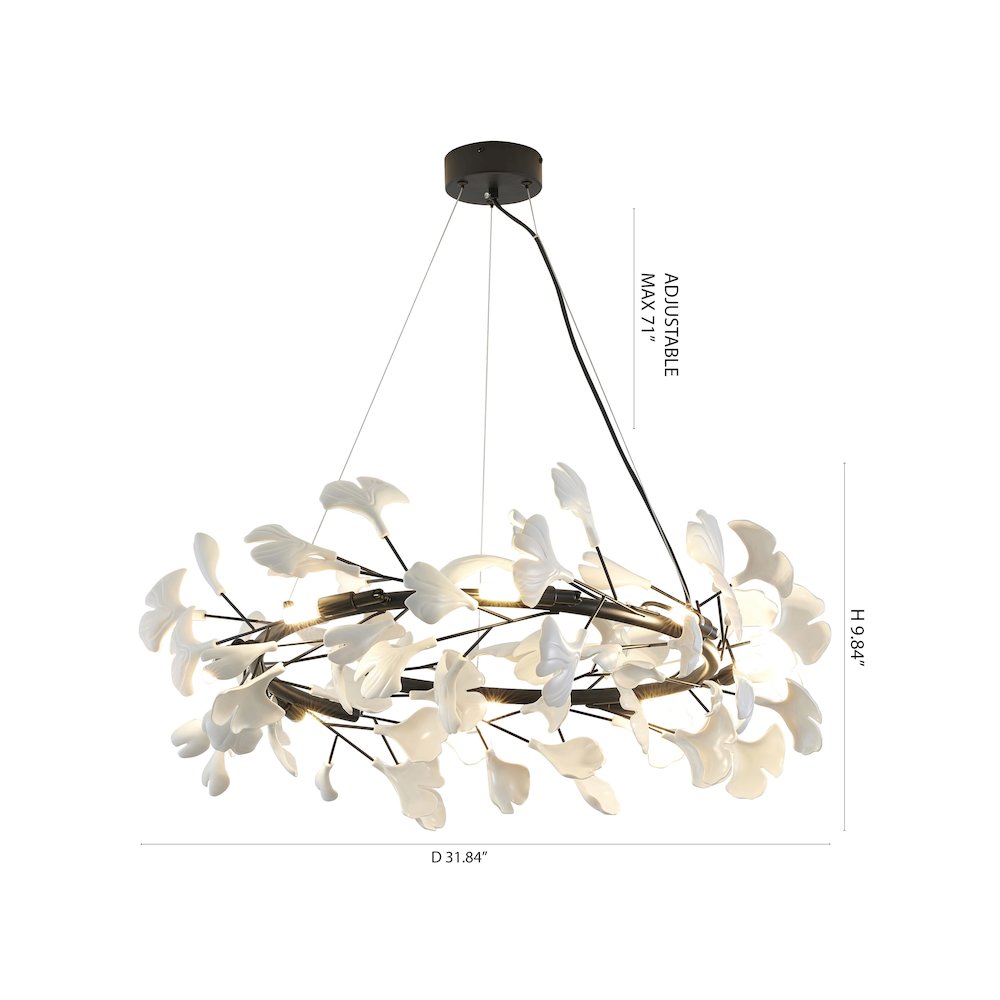 8-Light Black Chandelier With Matte White Plastic Leaf Petals in a round shape