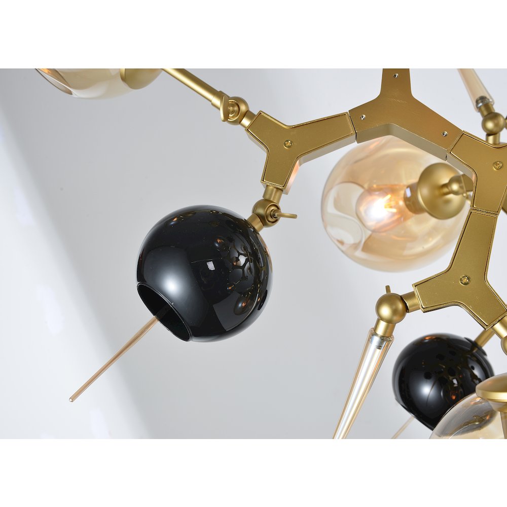 10-Light Gold Aluminum Chandelier With Amber Glass Shades And Glass Ornaments