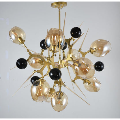 10-Light Gold Aluminum Chandelier With Amber Glass Shades And Glass Ornaments