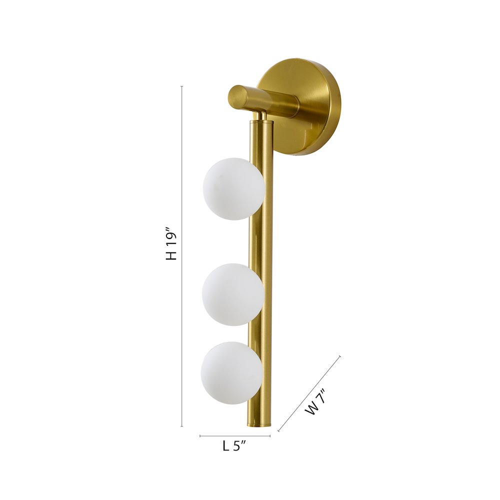 3-Light Satin Brass Metal Wall Sconce With Whtie Glass Shades