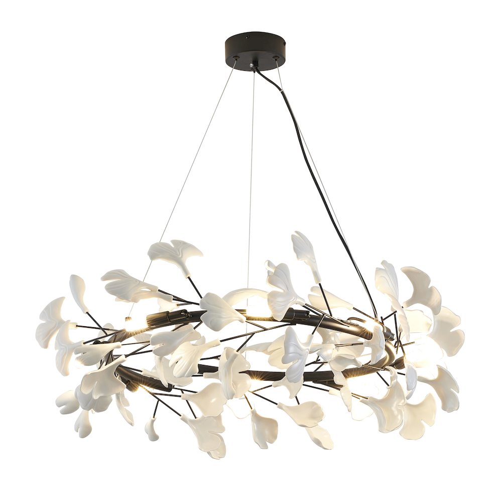8-Light Black Chandelier With Matte White Plastic Leaf Petals in a round shape
