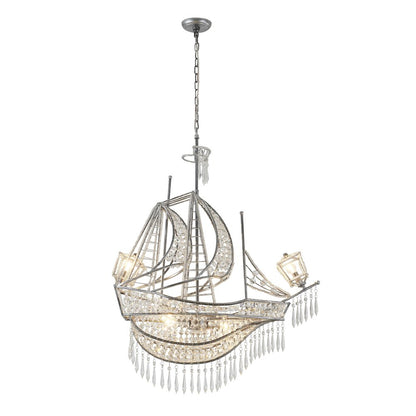 4-Light Antique Silver Iron Chandelier With Clear Crystals