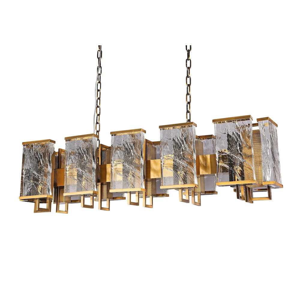 12-Light Brass Metal Chandelier With Clear Crystal Plaques
